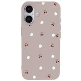 Casen iPhone 16 ile Uyumlu Pudra Silikon Kılıf, Kiraz ve Çiçek Desenli, Kamera Korumalı