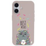 Casen iPhone 16 ile Uyumlu Silikon Kılıf, Best Wishes Kedi Tasarımlı, Pudra Rengi, Kamera Korumalı