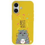 Casen iPhone 16 ile Uyumlu Silikon Kılıf, Best Wishes Kedi Tasarımlı, Sarı