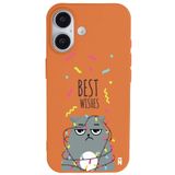 Casen iPhone 16 ile Uyumlu Silikon Kılıf, Turuncu, Kedi Tasarımlı, Kamera Korumalı