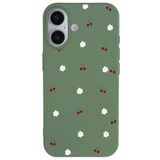 Casen iPhone 16 ile Uyumlu Yeşil Silikon Kılıf, Kiraz ve Çiçek Desenli, Kamera Korumalı