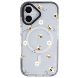 Casen iPhone 16 Plus ile Uyumlu MagSafe Şeffaf Silikon Kılıf, Arı ve Çiçek Tasarımlı, Siyah Yanlar