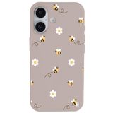 Casen iPhone 16 Plus ile Uyumlu Silikon Kılıf, Arı ve Çiçek Tasarımlı, Pudra Rengi, Kamera Korumalı
