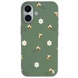 Casen iPhone 16 Plus ile Uyumlu Silikon Kılıf, Arı ve Çiçek Tasarımlı, Yeşil, Kamera Korumalı