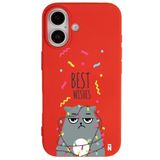 Casen iPhone 16 Plus ile Uyumlu Silikon Kılıf, Kedi Tasarımlı, Kırmızı, Kamera Korumalı