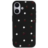 Casen iPhone 16 Plus ile Uyumlu Siyah Silikon Kılıf, Kiraz ve Çiçek Desenli, Kamera Korumalı