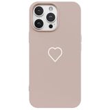 Casen iPhone 16 Pro ile Uyumlu Silikon Kılıf, Pudra Rengi, Beyaz Kalp Desenli, Kamera Korumalı