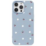 Casen iPhone 16 Pro Max ile Uyumlu Mavi Silikon Kılıf, Kiraz ve Çiçek Desenli, Kamera Korumalı