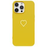 Casen iPhone 16 Pro Max ile Uyumlu Sarı Silikon Kılıf, Beyaz Kalp Desenli, Kamera Korumalı