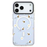 Casen iPhone 17 Pro Max ile Uyumlu MagSafe Şeffaf Silikon Kılıf, Arı ve Çiçek Tasarımlı, Beyaz Kenarlar