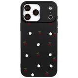 Casen iPhone 17 Pro Max ile Uyumlu Siyah Silikon Kılıf, Kiraz ve Çiçek Desenli, Kamera Korumalı