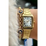 Casio Marka Çelik Kordon Sarı Renk, Kare Kasa, Lüx Kadın Kol Saati + Nazar Boncuklu Bileklik