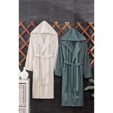 Casnack Quina 2Li Kapüşonlu Oversize Bornoz Seti - Bej - Yeşil - 2XL
