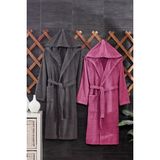 Casnack Quina 2Li Kapüşonlu Oversize Bornoz Seti - Mürdüm - Antrasit - 2XL