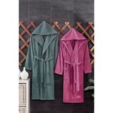 Casnack Quina 2Li Kapüşonlu Oversize Bornoz Seti - Mürdüm - Bej - 3XL