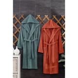 Casnack Quina 2Li Kapüşonlu Oversize Bornoz Seti - Yeşil - Kiremit - 2XL
