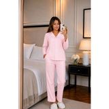 Caspara Kadın Pembe Çizgili Düğmeli Pamuklu Ultrasoft Milan Pijama Takımı Rahat Kesim Şık Gecelik Sabahlık - M