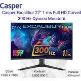 Casper Excalibur 27" 1 Ms Full Hd Curved 300 Hz Oyuncu Monitörü + Oyuncu Mouse Hediye - 300 Hz. yenileme hızı - Gri - Siyah
