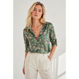 Cassime Kadın Haki Çiçek Desenli Uzun Kollu Viskon Gömlek S-M-L-XL-2XL-3XL