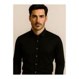 CASSIS Erkek Slim Fit Pamuk Saten Dar Kesim Siyah Pamuklu Gömlek Siyah 2XL