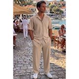 CAST COLLECTİON Erkek Bej Marcus Kısa Kollu Gömlek Marcus Bol paça Pantolon Takım