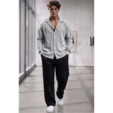 CAST COLLECTİON Erkek Gri Bürümcük Kumaş Gömlek Siyah Pantalon Takım