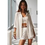 CAST COLLECTİON Kadın Beyaz Bürümcük Kumaş Oversize Gömlek