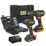 CAT DXK201 18Volt/2.0Ah Li-ion Çift Akülü Kömürsüz Profesyonel Şarjlı Darbeli Matkap + DX7030 Kömürsüz Darbeli Tornavida + DA01903 201 Parça Uç Seti Kombo Set