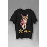 Cat Mom Kedi Mother Annesi Sevimli Masum Rengarenk Kedi Çizim Silüeti Baskılı Tişört Unisex T-Shirt - Siyah - XL