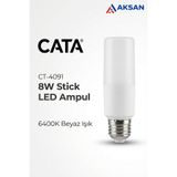 Cata CT-4091 8W LED Stick Tüp Ampul E27 Kalın Duy 6400K Beyaz Işık 800 lm (Dar Avizelere Uygun)