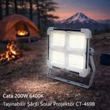 Cata Ct-4698 Solar Projektör 200w Şarjlı Led Projektör Ip65 3 Renk Modlu Dimmerli Işık