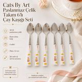Cats By Art 18/10 Paslanmaz Çelik 6'lı Çay Kaşığı Seti 73.CAT2.002 | Bone China Kulp, Kedi-Balık Desenli, 12 cm Ölçü, Çay & Kahve Sunumu, 6 Adet