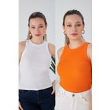 CATSPY Beyaz Turuncu Zargo Model 2'li Set Fitted Geniş Biyeli Halter Yaka Fitilli Esnek Örme Crop Bluz