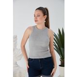 CATSPY Gri Zargo Model Fitted/Vücuda Oturan Geniş Biyeli Halter Yaka Fitilli Esnek Örme Crop Bluz