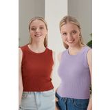 CATSPY Kadın Kiremit Lila Halter Yaka 2'li Crop Bluz