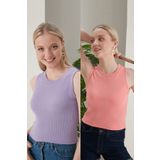 CATSPY Kadın Lila Pudra Halter Yaka Fitilli 2'li Paket Crop Bluz