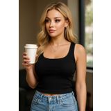 CATSPY Kadın Siyah Kaşkorse Kumaş Geniş Askılı Crop Bluz