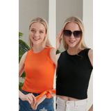 CATSPY Kadın Siyah Turuncu Halter Yaka 2'li Crop Bluz