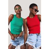 CATSPY Kadın Yeşil Kırmızı Halter Yaka Fitilli 2'li Paket Crop Bluz