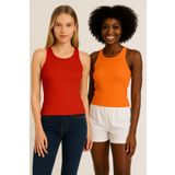 CATSPY Kırmızı Turuncu 2'li Fitted/Vücuda Oturan Fitilli Esnek Örme Bluz Set