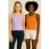 CATSPY Lila Turuncu 2'li Fitted/Vücuda Oturan Fitilli Esnek Örme Bluz Set