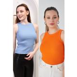 CATSPY Mavi Turuncu Zargo Model 2'li Set Fitted Geniş Biyeli Halter Yaka Fitilli Esnek Örme Crop Bluz