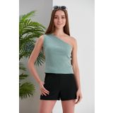 CATSPY Mint Yeşili Crop Tek Omuz Detaylı Kaşkorse Bluz