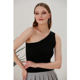 CATSPY Siyah Crop Tek Omuz Detaylı Kaşkorse Bluz