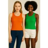 CATSPY Turuncu Yeşil 2'li Fitted/Vücuda Oturan Fitilli Esnek Örme Bluz Set