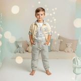 Cattac Kids Erkek Bebek %100 Pamuk Ekru Gri Çizgili Yelek Görünümlü 3'lü Takım - 4 Yaş - Krem - Gri