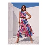 Catz Clothes Fuşya Mavi Çiçekli Midi Etek ve Kolsuz Crop Bluz Takım