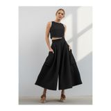 Catz Clothes Kadın Takım Siyah Keten Kali Pantolon Etek ve Siyah Keten Kolsuz Crop Bluz