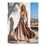 Catz Clothes Renkli Kalın Çizgili Maxi Etek ve Kolsuz Crop Bluz Takım