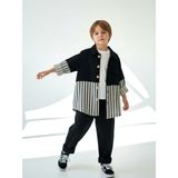 Catz Kids Siyah Keten Carrot Pantolon + Siyah Beyaz Çizgili Keten Retro Gömlek - Ekru - Siyah - 3 Yaş